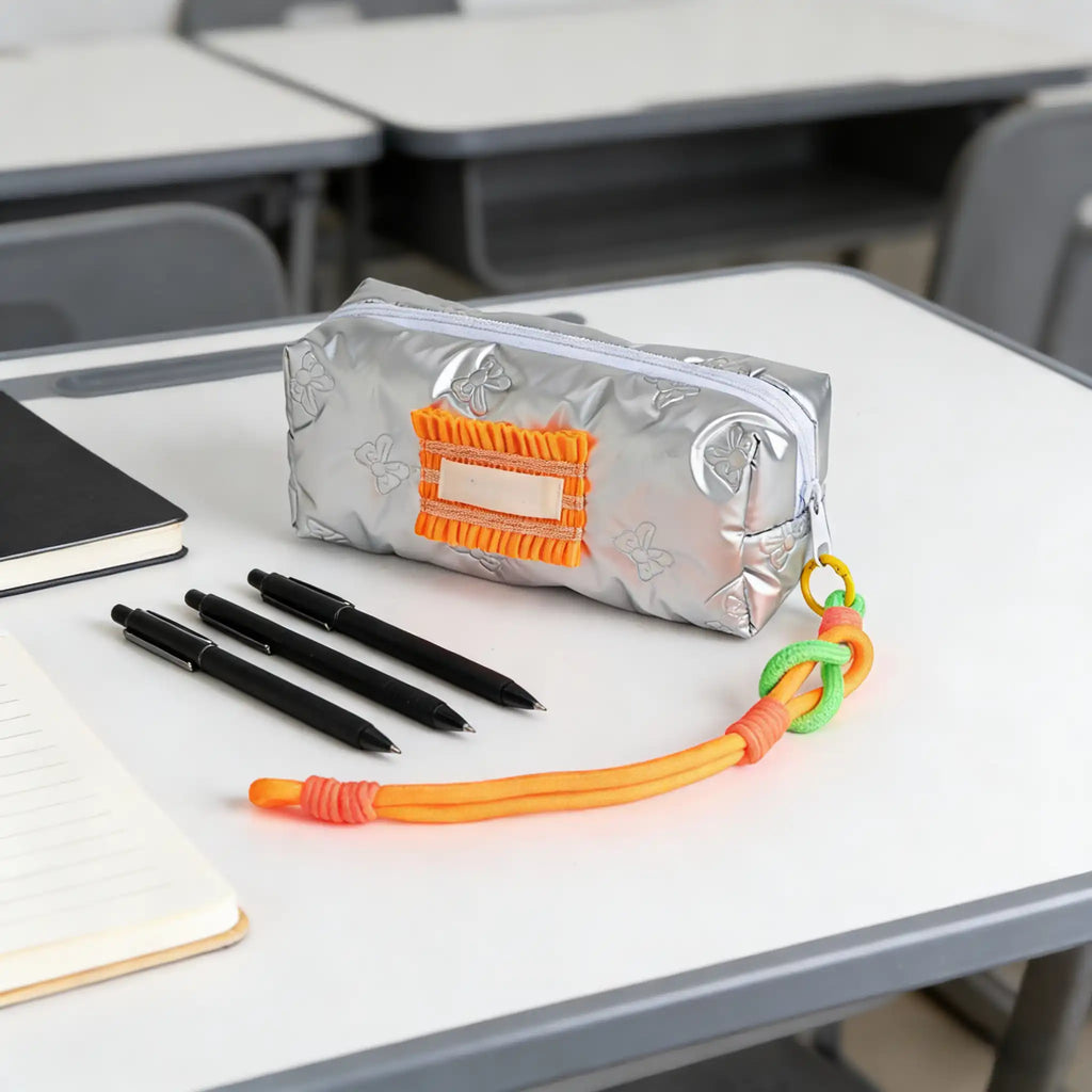 Trousse à stylos Argent Papillons – Polyester avec Décor Orange
