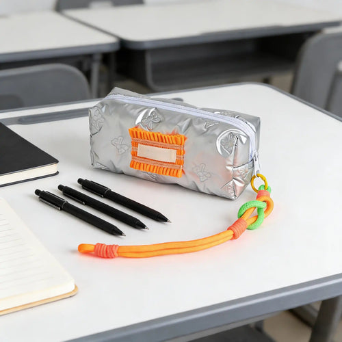 Trousse à stylos Argent Papillons – Polyester avec Décor Orange