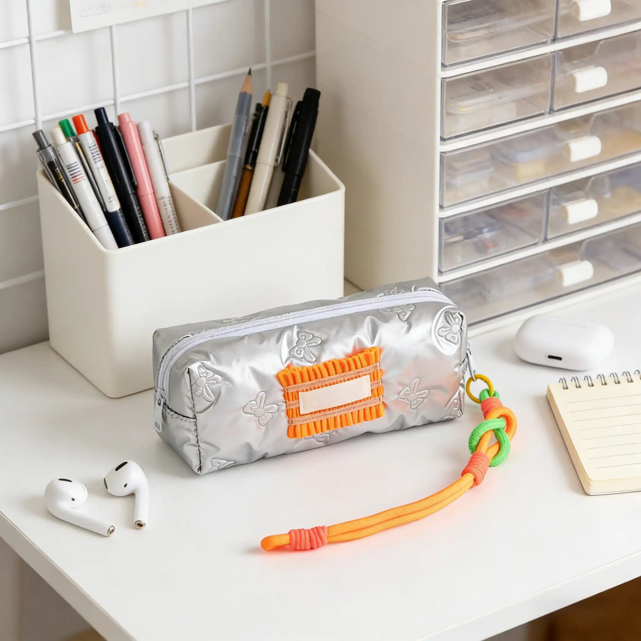 Trousse à stylos Argent Papillons – Polyester avec Décor Orange