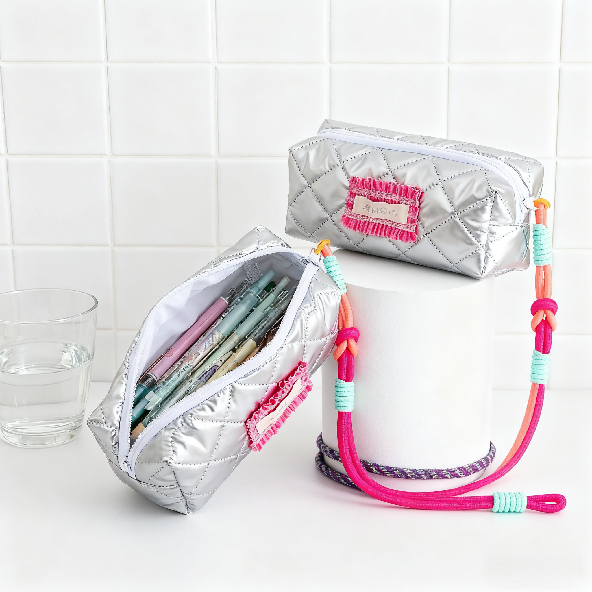 Trousse à stylos Argent Carreaux Diamant – Polyester avec Décor Rose Vibrant